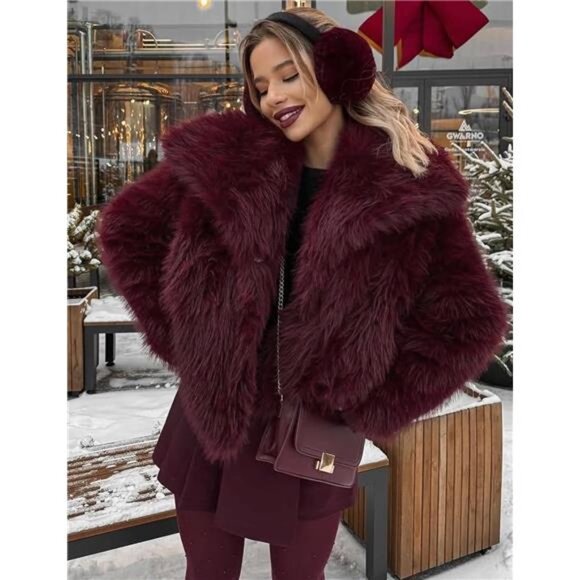 Womens Faux Fur Coat Lapel Open Front Fluffy Shaggy Jacket Winered - Picture 2 of 6